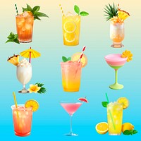 Colorful refreshing tropical cocktails set psd