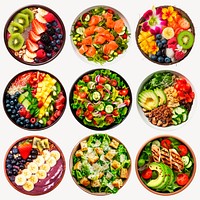 Colorful healthy food bowls set psd