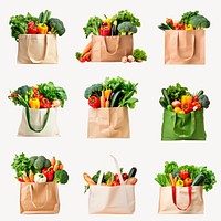 Reusable bags with fresh vegetables set psd