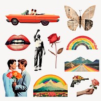 Vintage collage with diverse elements set psd