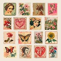 Vintage stamps with diverse illustrations set psd