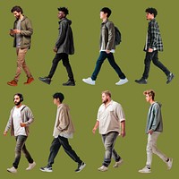 Diverse men walking casually set psd