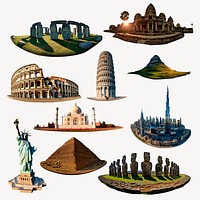 Iconic global landmarks in collage set psd