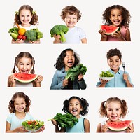 Children enjoying fresh vegetables and fruits set psd