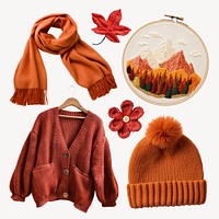 Cozy autumn-themed knitted accessories set psd