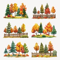 Autumn trees watercolor illustration set psd