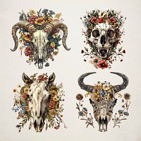 Floral animal skull art set psd