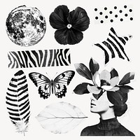 Black white artistic collage set psd