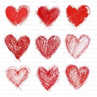 Hand-drawn red hearts grid set psd