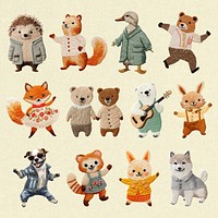 Cute embroidered animal characters set psd