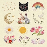 Whimsical embroidered nature motifs  set psd