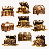 Vintage treasure chests overflowing gold set psd