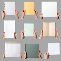 Hands holding various blank items set psd