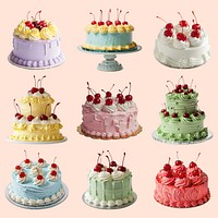 Colorful cakes with cherries  set psd