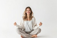 Happy woman meditating clothing exercise sitting.