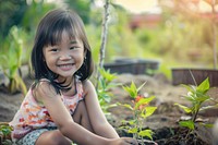 East asian girl backyard garden smile.