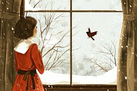 Vintage illustration robin bird winter girl outdoors.