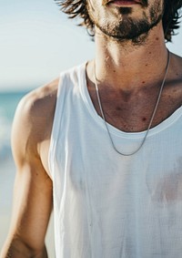 Man wearing blank white tank top accessories accessory shoulder.