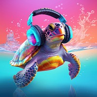 Retro sea turtle swimming listening to music with rainbow headphones animal tortoise reptile.