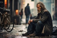 Homeless man sitting street transportation.