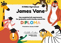 Elementary school course certificate template, animal doodle, editable text