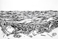 Trash in the ocean drawing illustrated sketch.