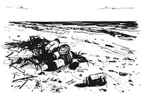 Trash on beach drawing illustrated sketch.