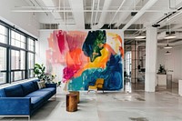 A large wall mural architecture furniture building.