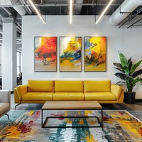 Three abstract paintings cavas couch rug architecture.