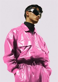 Man in pink pvc jacket