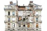 Paris destroyed building person human home damage.