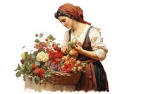 Woman flower seller painting basket plant.
