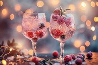 Two nicely decorated cocktail glasses filled with a pink gin tonic beverage with frozen berries berry raspberry astronomy.