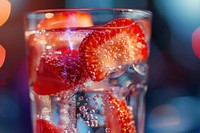 Close-up glass of iced strawberry sparkling water with pieces of strawberry cocktail beverage produce.