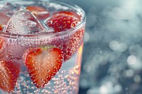 Close-up glass of iced strawberry sparkling water with pieces of strawberry cocktail beverage produce.