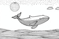 Continuous line drawing whale and moon art illustrated animal.