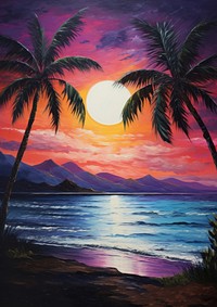 Sunset on the beach painting tree sky.