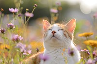 Cat with flower field asteraceae grassland outdoors.
