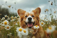 Dog with flower field asteraceae vegetation grassland.