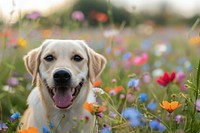 Dog with flower field asteraceae grassland outdoors.