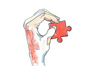 Hand holding red piece of jigsaw puzzle symbol person human.