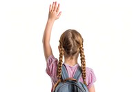 Girl raising hand to answer a question backpack female person.