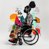Paper collage of disabled woman wheelchair advertisement furniture.