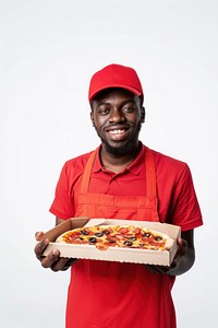 Deliveryman holding pizza clothing apparel person.