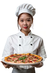 Female chef holding pizza person human food.
