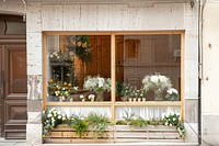 Flower shop window mockup door blossom indoors.