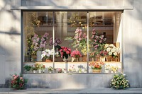 Flower shop window mockup blossom plant flower arrangement.