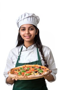 Girl chef holding pizza person human food.