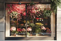 Luxury flower shop window mockup blossom plant flower arrangement.