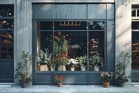 Minimal flower shop window mockup indoors blossom plant.